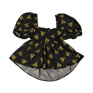 Topshop Puff Sleeve Floral Peplum Blouse Black Yellow Tie Back Square Neck US 6